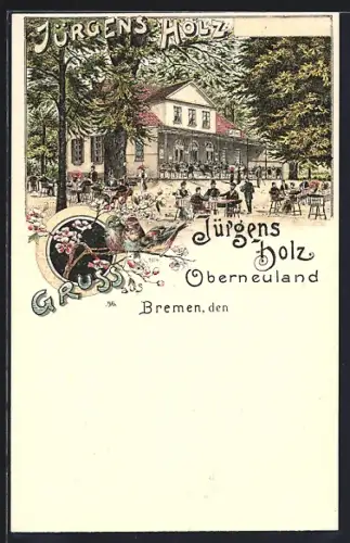 Lithographie Bremen, Gasthaus Jürgens Holz mit Gartenanlage