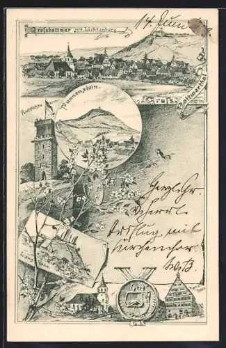 Lithographie Grossbottwar, Ortsansicht mit Lichtenberg, Langhans, Aussichtsturm