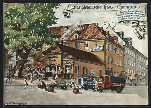 Künstler-AK Weimar / Thür., Chemnitius-Hotel, davor Lieferwagen mit Reklame für Lederer-Bräu, Geleitstrasse