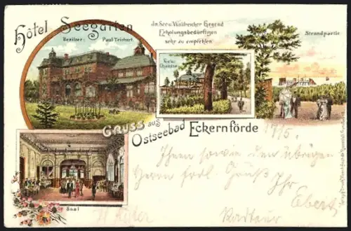 Lithographie Eckernförde, Hotel Seegarten, Bes. Paul Teichert, Strandpartie und Kieler Chaussee