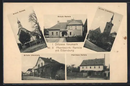 AK Ramsla bei Neumark /Sa., Kirche, Pfarrhaus und Schule, Kirche und Schule Ettersburg