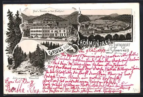 Lithographie Schönmünzach im Schwarzwald, Hotel und Pension zur Post Glashüttem Wasserfall