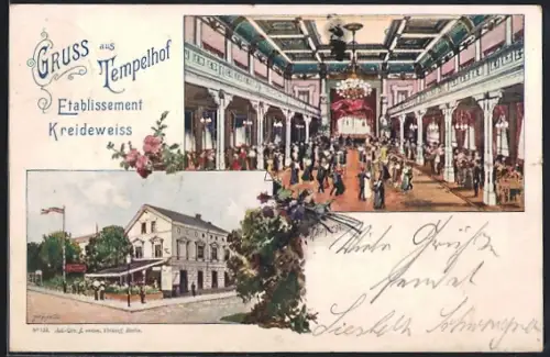 Künstler-AK Berlin-Tempelhof, Gasthof Kreideweiss mit Innenansicht