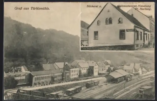 AK Türkismühle, Bäckerei und Colonialwaren-Handlung Fr. Hartung, Bahnhof