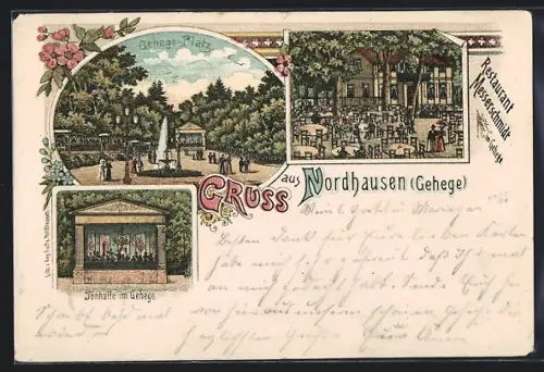Lithographie Nordhausen, Restaurant Messerschmidt im Gehege, Tonhalle und Gehege-Platz