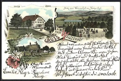Lithographie Stuttgart, Gasthaus Weissenhof, Blick ins Neckarthal
