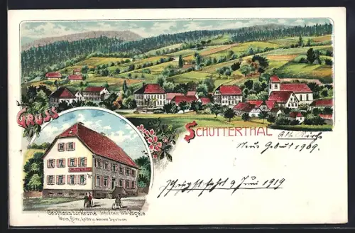 Lithographie Schuttertal, Gasthaus zur Krone, Inh. Frau Ww. Vögele