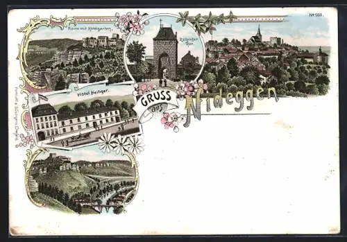 Lithographie Nideggen, Hotel Heiliger, Zülpicher Tor, Ruine mit Hotelgarten