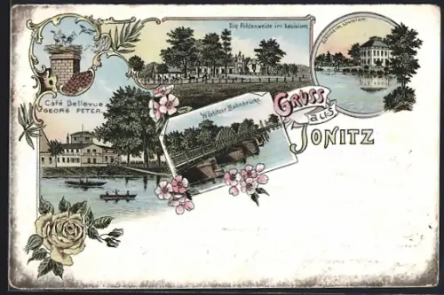 Lithographie Jonitz, Café Bellevue, Bes. Georg Peter, Wörlitzer Bahnbrücke, Schloss und Fohlenweide