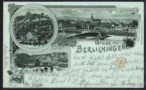 Mondschein-Lithographie Berlichingen, Restaurant zur Brücke, Panorama und Flusspartie