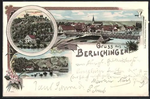 Lithographie Berlichingen, Restaurant zur Brücke und Flusspartie