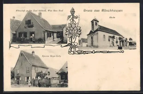 AK Münchhausen, Gasthaus zu den Zwei Schlüsseln, Bes. Wwe. Rosa Bixel, Epicerie Meyer-Lieby, Kirche