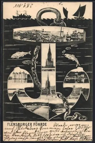 Grusskarten-AK Flensburg, Ortspartien in einem Anker, Flensburger Föhrde