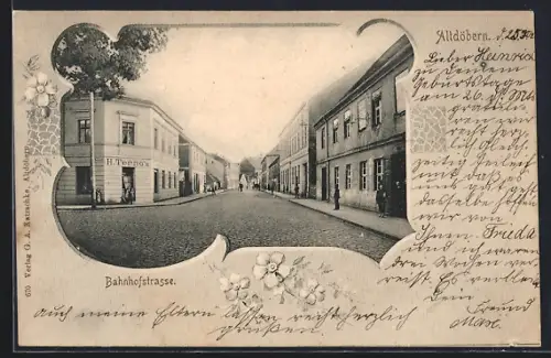 AK Altdöbern, Bahnhofstrasse mit Geschäft von H. Terno im Passepartout