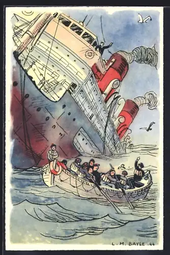 Künstler-AK sign. L. M. Bayle: Passagierschiff Brazza versinkt in den Fluten, Menschen retten sich mit dem Rettungsboot
