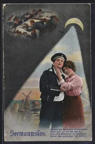 AK Matrose der Kaiserlichen Marine in Uniform mit seiner Liebsten, Windmühle, Matrosen beim Mahl, Mondschein