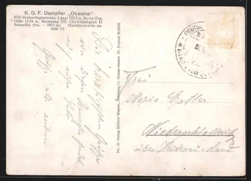 AK Passagierschiff K. d. F. Dampfer Oceana im Hafen
