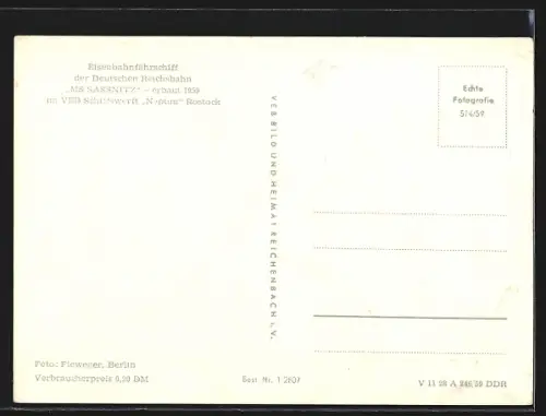 AK Eisenbahnfährschiff der Deutschen Reichsbahn MS Sassnitz auf Hoher See