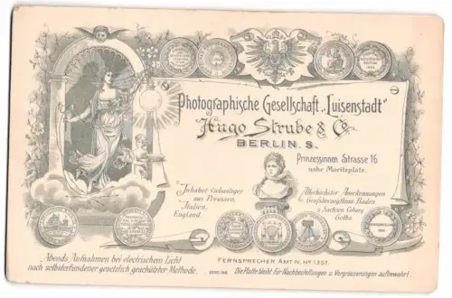 Fotografie Hugo Strube & Co., Berlin, Prinzessinnenstrasse 16, Frau mit elektrischem Licht beleuchtet Fotografen Adresse