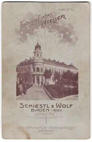 Fotografie Schiestl & Wolf, Baden b. Wien, Ansicht Baden b. Wien, Atelierhaus mit aufgehender Sonne
