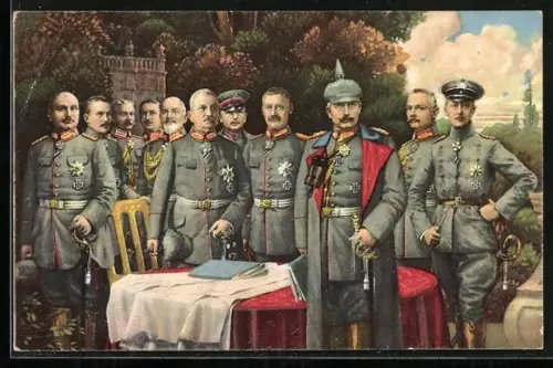 AK Unsere Heerführer im Westen, Kaiser Wilhelm II., Kluck, Elsa, Falkenhayn bei einer Besprechung