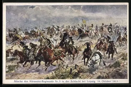 Künstler-AK Ludwig Koch: Attacke des Kürassier-Regiments Nr. 5 in der Schlacht bei Leipzig 1813