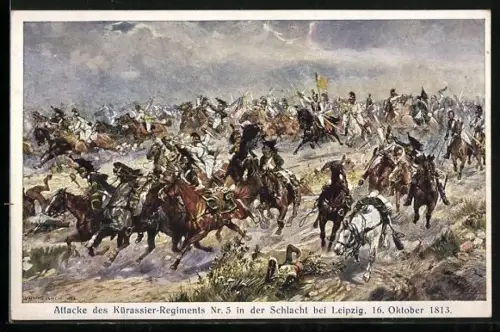 Künstler-AK Ludwig Koch: Leipzig, Attacke des Kürasser-Regiments Nr. 5 in der Schlacht bei Leipzig 1813