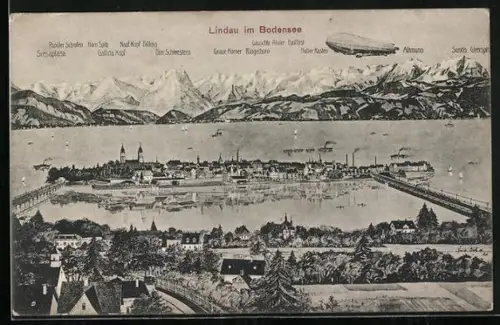 AK Lindau im Bodensee, Zeppelin über dem See