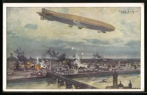 Künstler-AK Hans Rudolf Schulze: Luftschiff Zeppelin Schütte-Lanz bombardiert den Ort