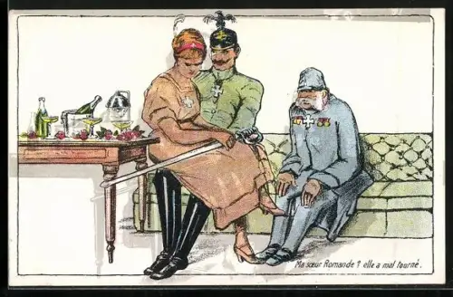 AK Ma soeur Romande? elle a mal tourné, Kaiser Wilhelm II. mit Helvetia auf dem Schuss und Franz Joseph I.