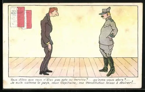 AK Schweizer Offizier mustert einen schwächlichen Rekruten
