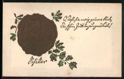 AK Fr. v. Schiller, goldenes Siegel mit Portrait, 1905-1905, Eichenblätter