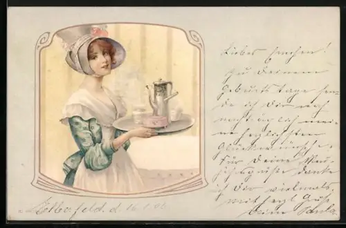 Künstler-AK Dame trägt ein Tablett mit Tee, Jugendstil