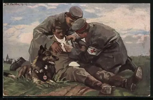 Künstler-AK Sanitätshund hat einen Verwundeten aufgespürt, Rot Kreuz Sanitäter verbindet ihn