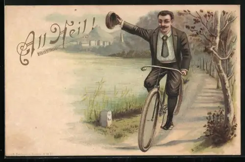 Lithographie Mann auf einem Fahrrad grüsst mit seinem Hut