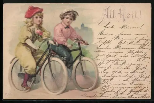 Lithographie All Heil!, Mädchen und Knabe auf Fahrrädern