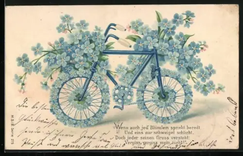 Lithographie Fahrrad aus Vergissmeinnicht, Blumenbild