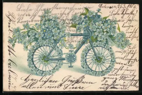 AK Blumengeschmücktes Fahrrad mit blauen Blüten, Blumenbild