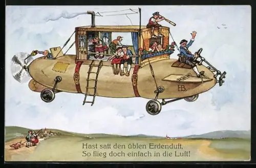 Künstler-AK Hans Boettcher: Hast satt den üblen Erdenduft, So flieg doch einfach in die Luft!, Zeppelin