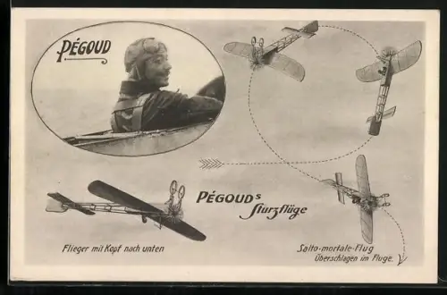 AK Portrait Pegoud, Pegoud Sturzflüge, Salto Mortale Flug