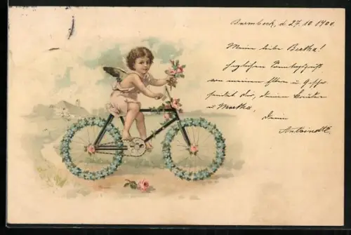 Lithographie Engel auf einem Fahrrad mit Rädern aus Vergissmeinnicht