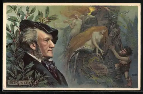 Künstler-AK Porträt Richard Wagner, Das Rheingold, Meerjungfrauen