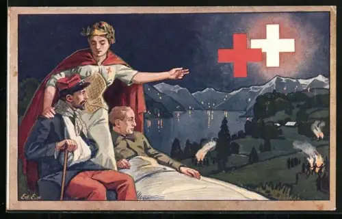 Künstler-AK Pflege-Aufenthalt der kranken Kriegsgefangenen in der Schweiz, Rotes Kreuz