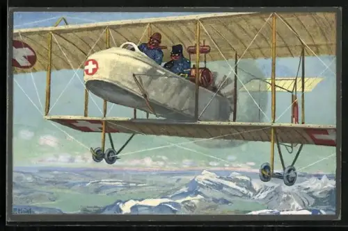 AK Schweizer Doppeldecker-Flugzeug über den Alpen