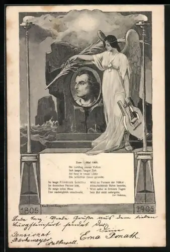 Künstler-AK Engel an einem Denkmal von Schiller mit Gedicht