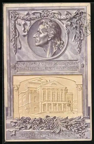 AK Reliefbildnis Friedrich Schillers und Haus des Deutschen Schillerbundes