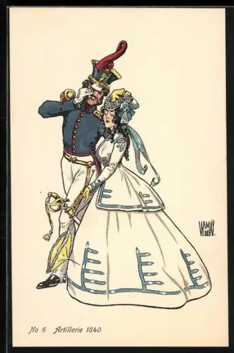 Künstler-AK sign. Wr. de May: Bern, Schweiz. Landes-Ausstellung 1914, Schweizer Artillerie-Soldat mit Frau 1840