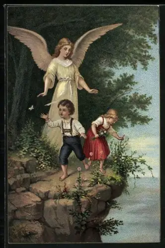 AK der Heilige Schutzengel beschützt Junge und Mädchen vor einer Klippe