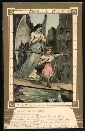 AK Schutzengel behütet das Mädchen, das über den Steg balanciert
