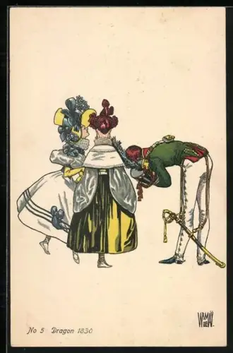 AK schweizer Soldat der Dragoner verneigt sich vor zwei Frauen 1830